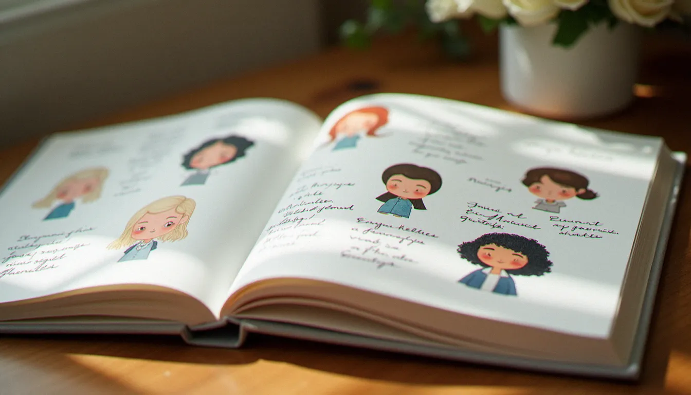 Livre d'or de mariage ouvert présentant des portraits de mariés en style aquarelle effet dessin animé sur une table en bois naturel
