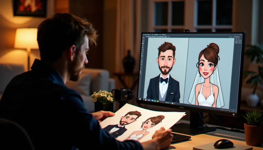photo effet dessin anime featured 1 Photographe comparant une photo de mariage originale avec sa version transformée en effet dessin animé sur écran d'ordinateur dans un studio à Lyon