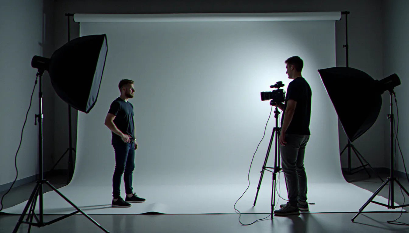 Photographe professionnel préparant un studio de prise de vue pour une séance photo officielle d'équipe de football, avec éclairage contrôlé et fond neutre