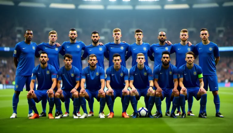 Photo officielle d'une équipe nationale de football en maillot bleu posant en rangs sur un terrain de stade, représentant l'esprit de la photo équipe de France 2026