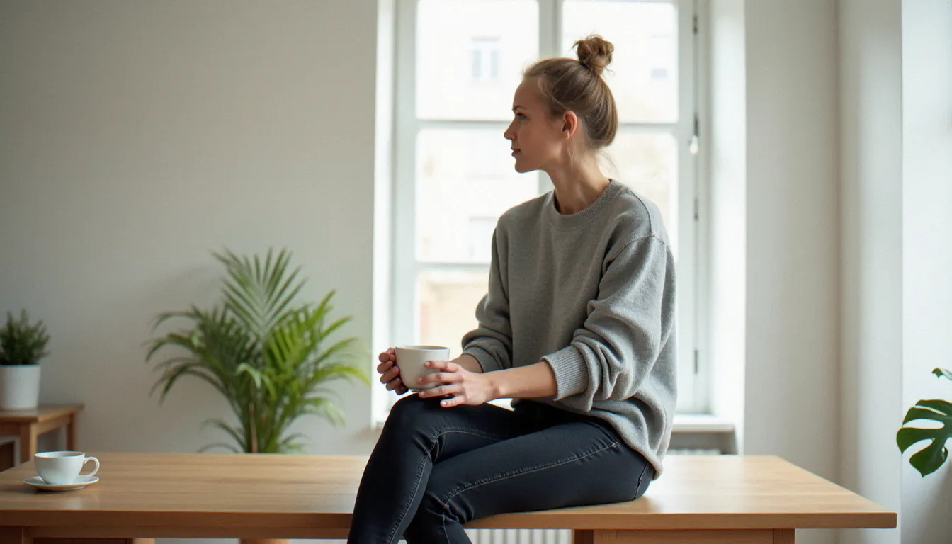 Femme de 40 ans assise de façon détendue dans un studio lumineux, tenant une tasse, regard porté vers la fenêtre dans une atmosphère authentique