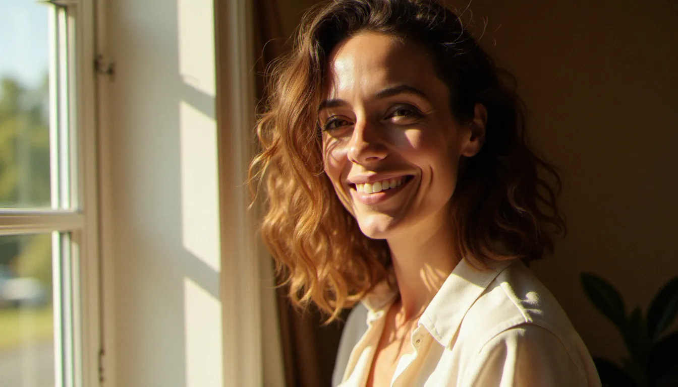 Portrait naturel d'une femme de 40 ans à la lumière de la fenêtre, expression détendue et sourire authentique