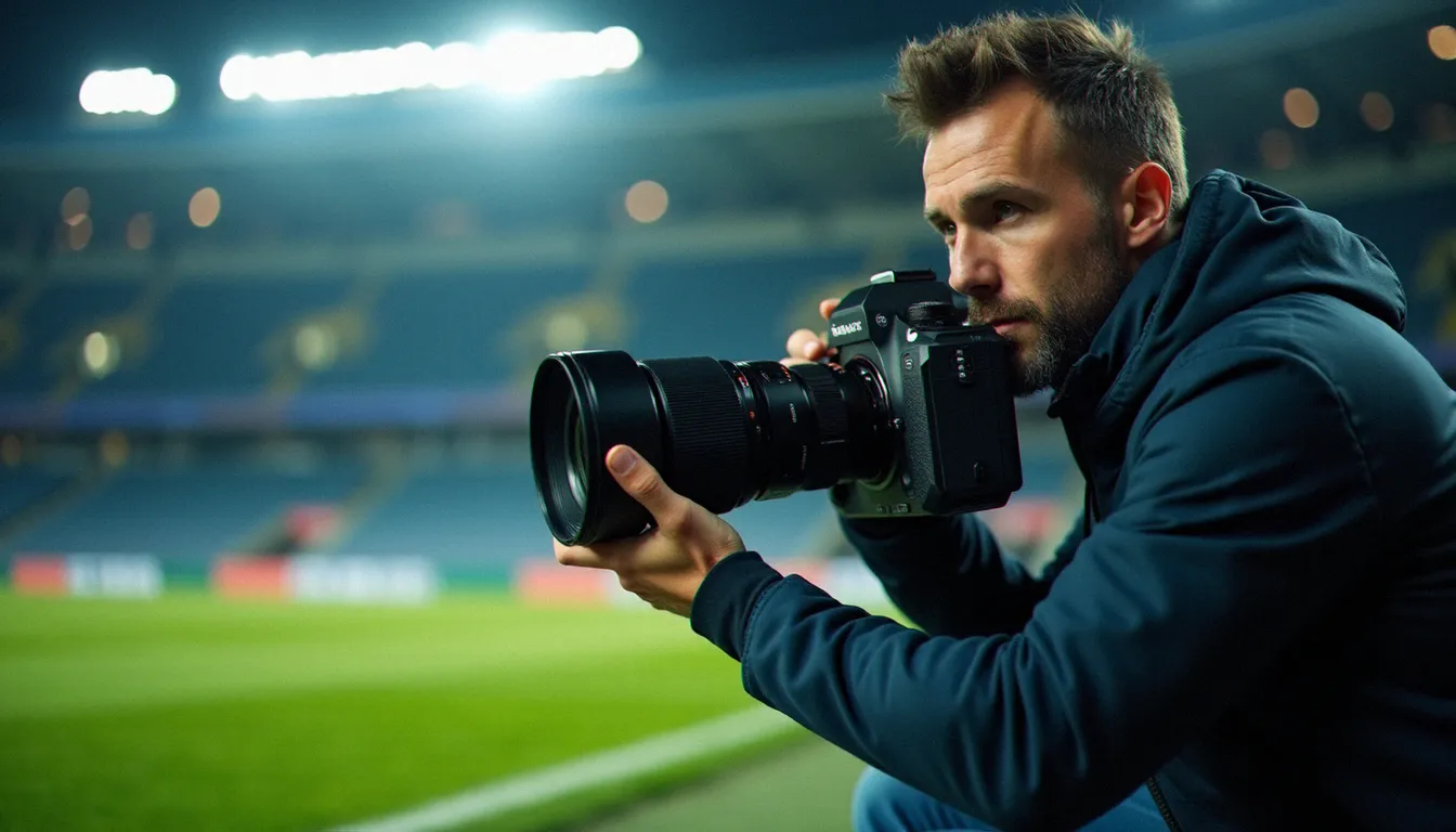 Photographe de presse accroupi au bord d'un terrain de football avec un téléobjectif, illustrant le travail des photographes lors des grandes compétitions sportives