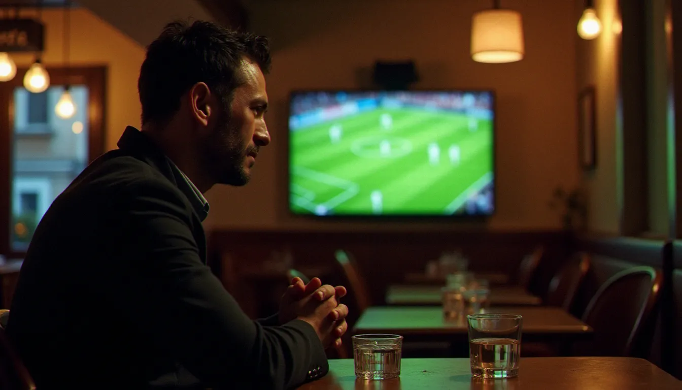 Homme ému regardant seul un match de football dans un café lyonnais illuminé par l'écran, capturant l'émotion collective des supporters français lors de la Coupe du Monde 2018