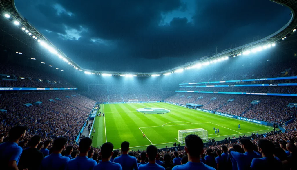 photo france coupe du monde 2018 featured Vue panoramique d'un stade de football illuminé sous la pluie lors d'un match de Coupe du Monde, évoquant l'ambiance des photos France Coupe du Monde 2018