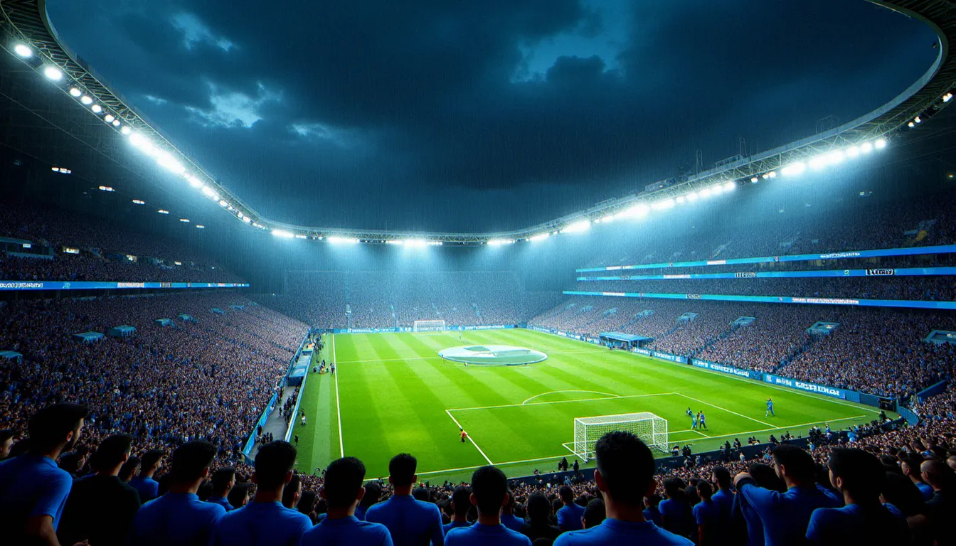 Vue panoramique d'un stade de football illuminé sous la pluie lors d'un match de Coupe du Monde, évoquant l'ambiance des photos France Coupe du Monde 2018