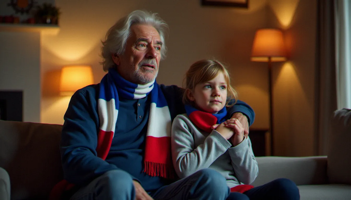 Grand-père et petite-fille réunis dans un salon pour regarder un match de la France à la Coupe du Monde 2026, écharpes bleues autour du cou, moment de complicité intergénérationnelle