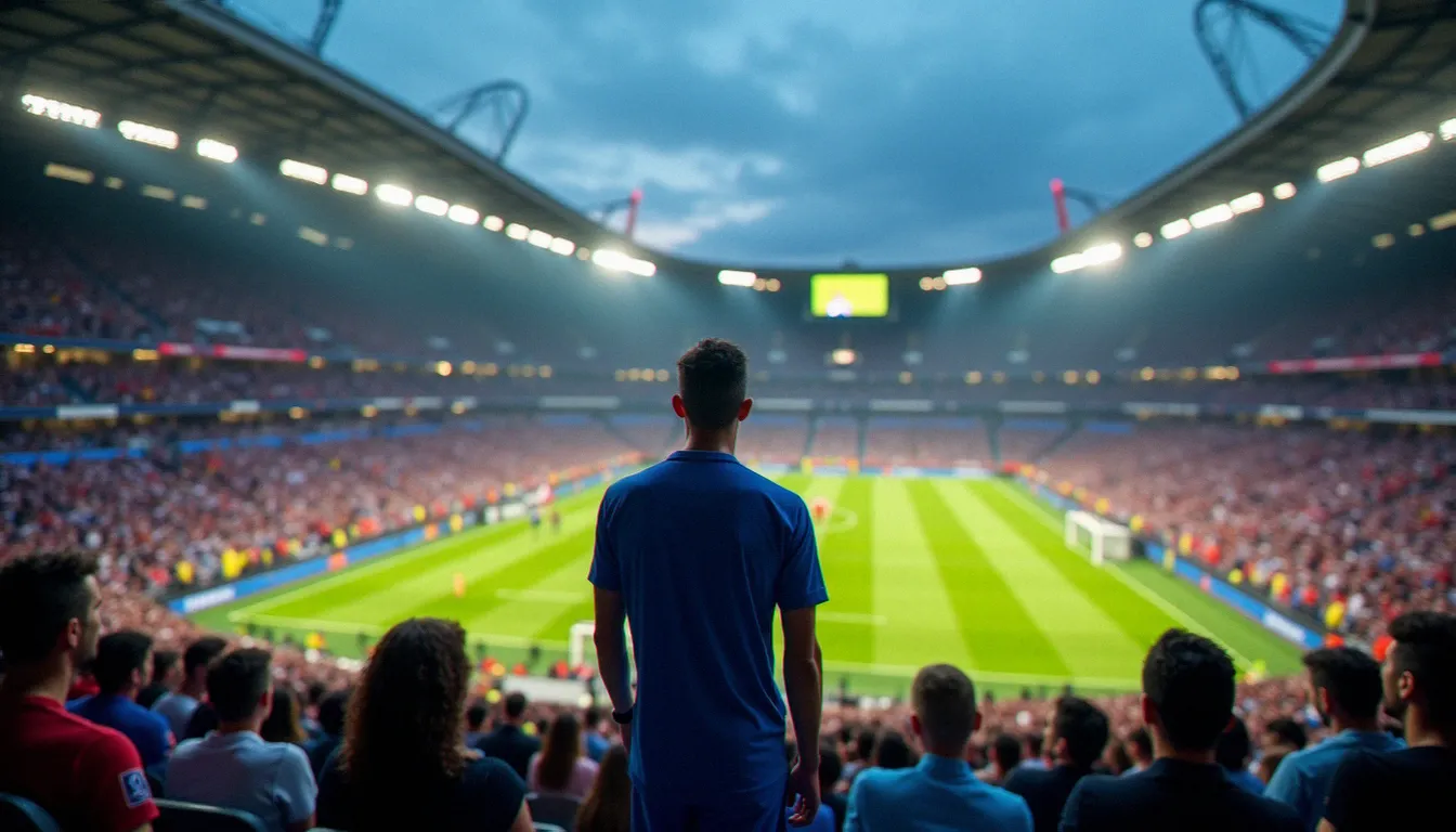 Supporter français en maillot bleu, de dos, au milieu d'un stade américain rempli de drapeaux du monde entier lors de la Coupe du Monde 2026, plan large atmosphérique