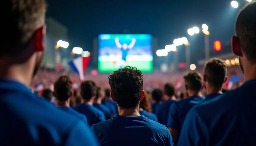 photo france coupe du monde 2026 featured Supporters de l'équipe de France en maillot bleu regardant un match de la Coupe du Monde 2026 dans une fan zone en soirée, visages éclairés par l'écran géant