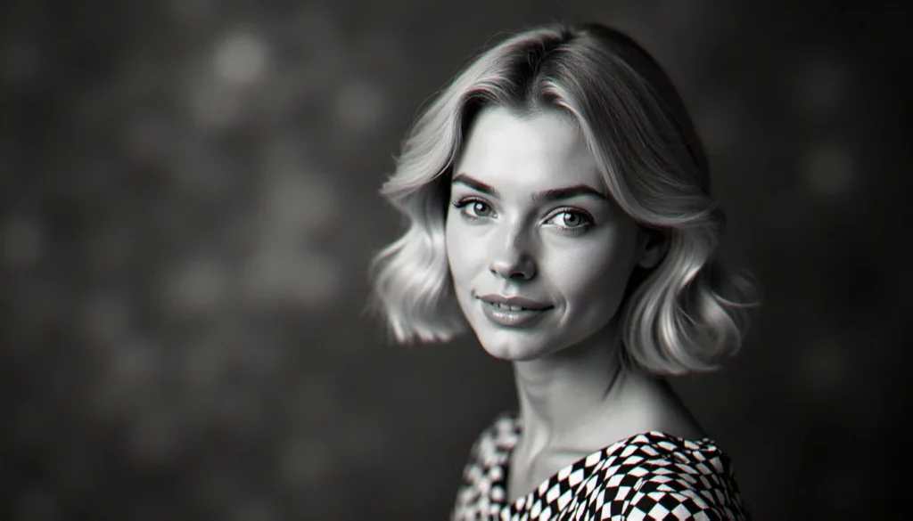 photo france gall jeune featured Portrait noir et blanc vintage d'une jeune femme blonde des années 1960 en robe mod, évoquant le style photo France Gall jeune, éclairage studio doux, regard expressif et naturel