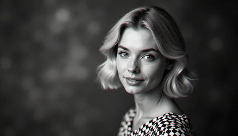 Portrait noir et blanc vintage d'une jeune femme blonde des années 1960 en robe mod, évoquant le style photo France Gall jeune, éclairage studio doux, regard expressif et naturel