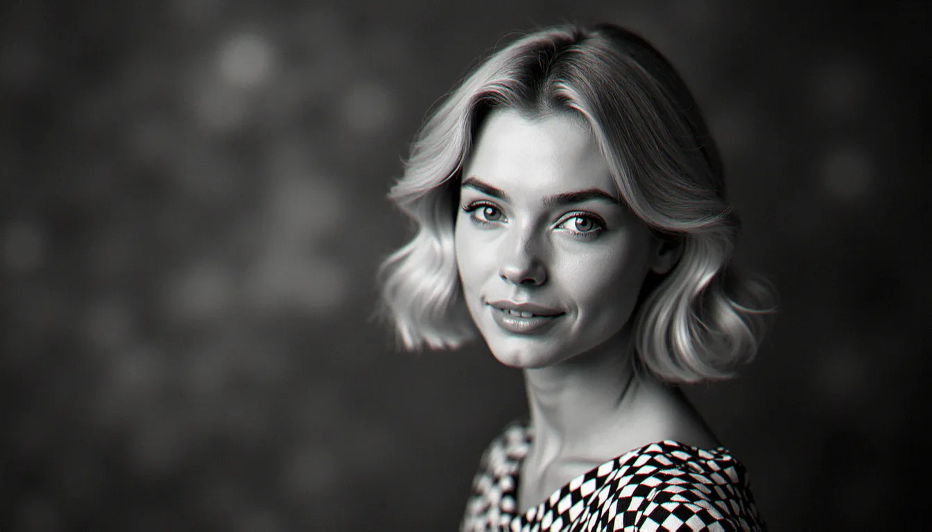 Portrait noir et blanc vintage d'une jeune femme blonde des années 1960 en robe mod, évoquant le style photo France Gall jeune, éclairage studio doux, regard expressif et naturel