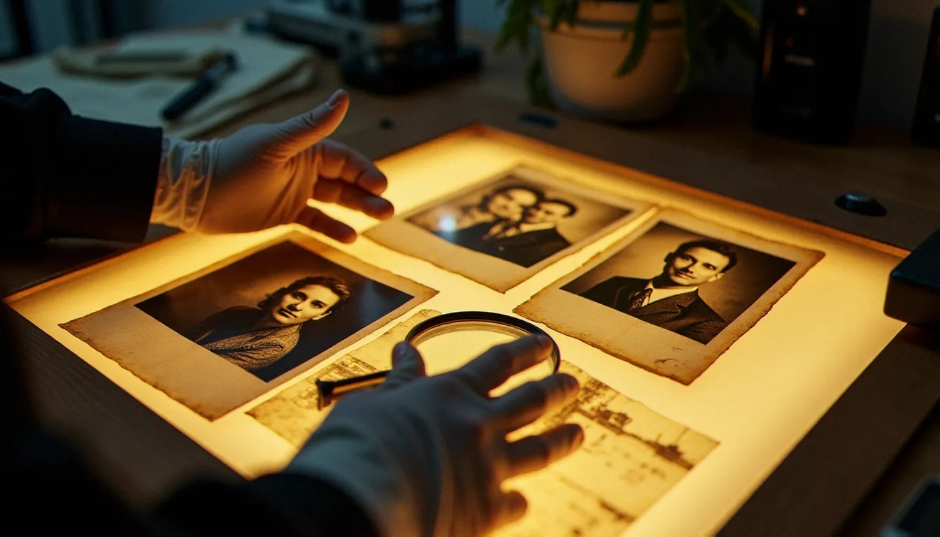Restauration d'archives photo France Irak, mains gantées tenant des portraits de mariage irakiens des années 1970 sur table lumineuse