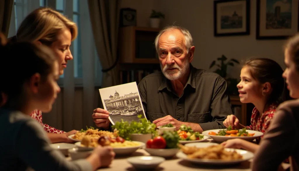 photo france irak featured Portrait de famille franco-irakienne à Lyon tenant une photo France Irak ancienne, réunissant trois générations autour d'un repas traditionnel