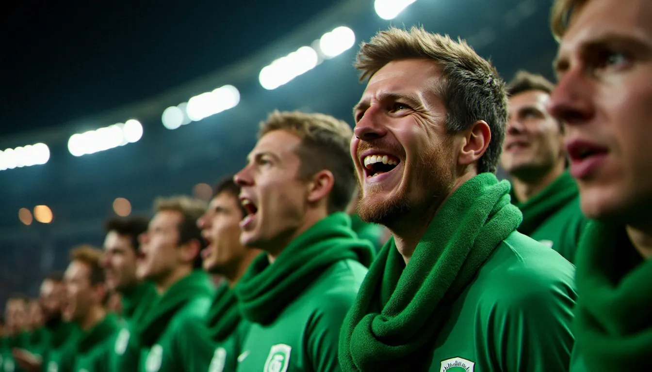 Supporters de l'Irlande du Nord en écharpes vertes dans les tribunes, visages tendus et expressifs lors d'un grand match international de football