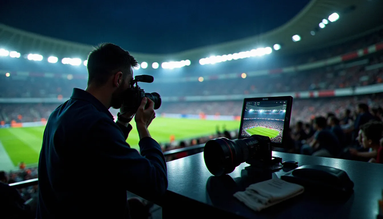 Photographe de sport consultant ses images sur l'écran de son appareil photo dans la zone presse d'un grand stade de football illuminé