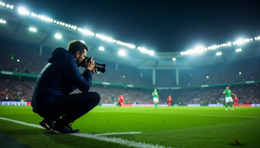 photo france irlande du nord featured Photographe professionnel en bord de terrain capturant un moment clé lors du match photo France Irlande du Nord sous les projecteurs du stade