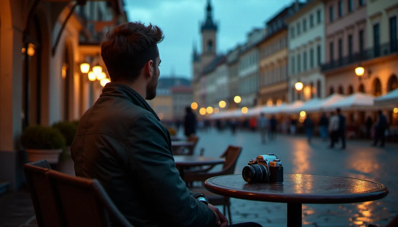 Voyageur solitaire observant une place historique européenne depuis une terrasse de café à l'heure bleue, appareil photo posé sur la table, illustration de la discrétion en photo de voyage