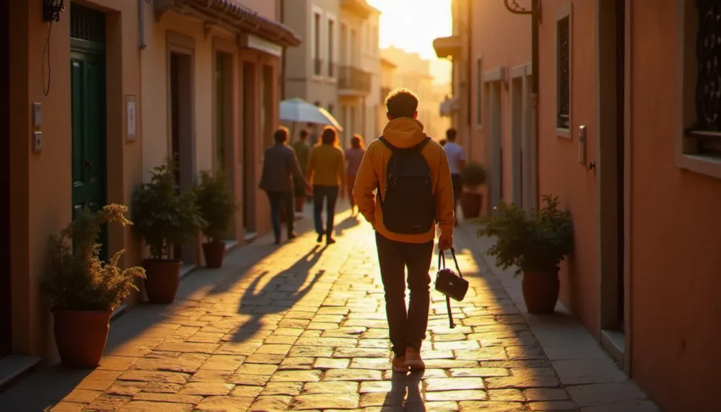 photo guide du routard featured Photographe voyageur avec appareil compact marchant dans une ruelle méditerranéenne au coucher du soleil, illustrant le style photo guide du routard
