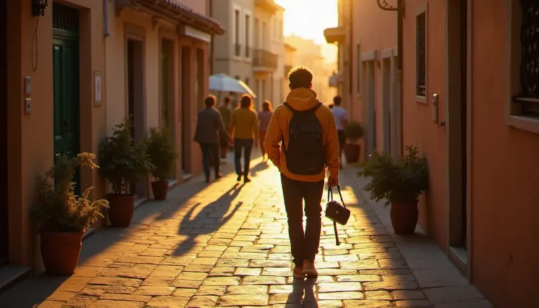 Photographe voyageur avec appareil compact marchant dans une ruelle méditerranéenne au coucher du soleil, illustrant le style photo guide du routard