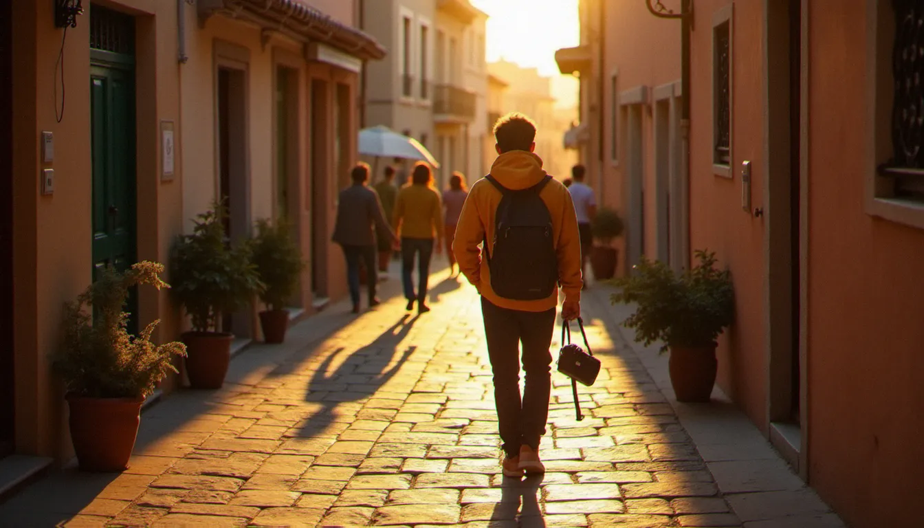 Photographe voyageur avec appareil compact marchant dans une ruelle méditerranéenne au coucher du soleil, illustrant le style photo guide du routard