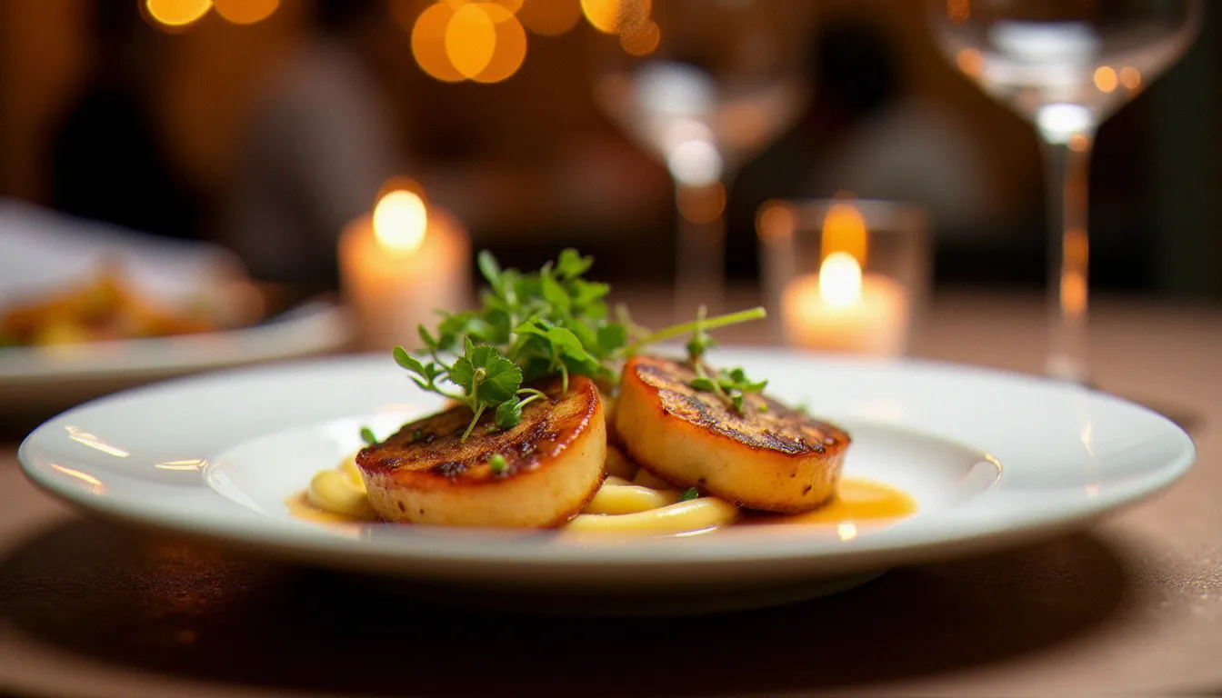 Assiette gastronomique photographiée en lumière de bougie dans un restaurant étoilé, représentant le style visuel du Guide Michelin 2026