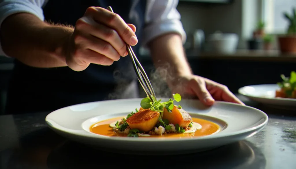 photo guide michelin 2026 featured Chef étoilé dressant une assiette dans une cuisine lyonnaise, illustrant le niveau d'excellence visuel attendu dans la photo guide michelin 2026
