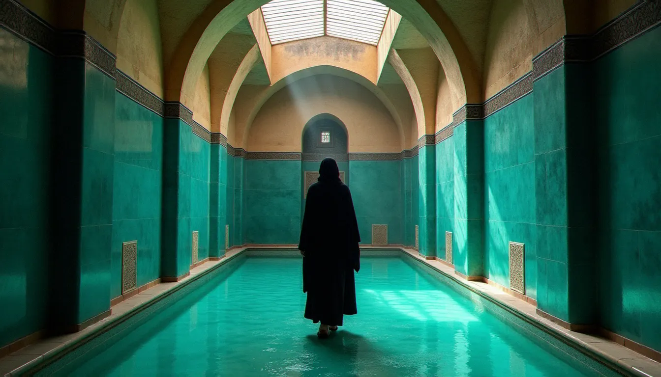 Portrait éthique d'une femme iranienne dans un couloir de hammam historique, exemple de photographie de portrait respectueuse recommandée dans tout photo guide supreme Iran