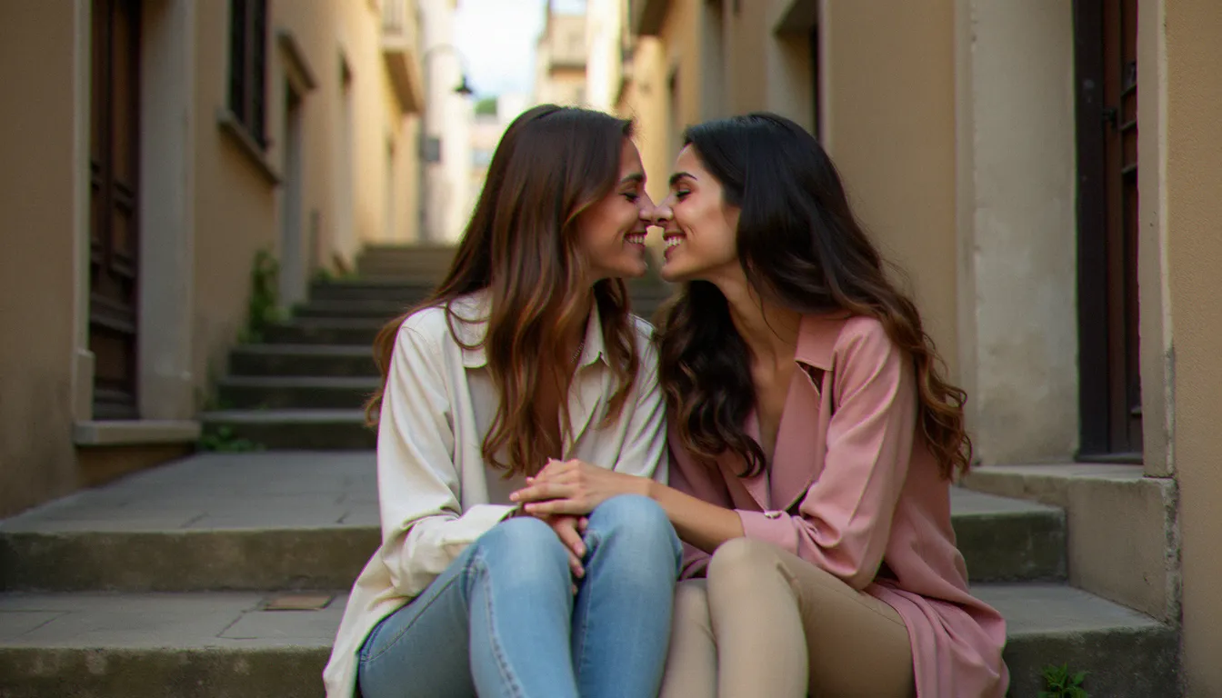 Deux amies assises sur des marches en pierre dans une ruelle lyonnaise, style photo éditorial urbain aux teintes neutres coordonnées