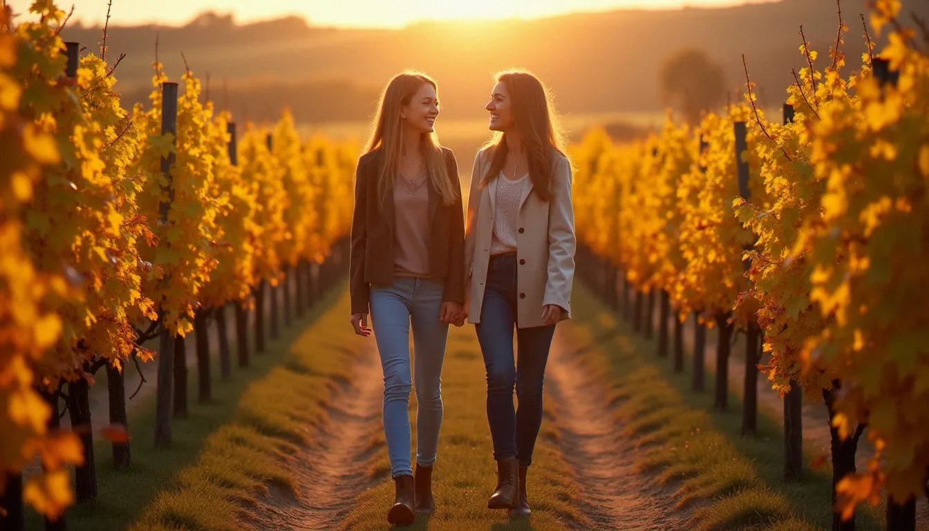 Deux meilleures amies se promenant entre les rangées de vignes en automne dans le Beaujolais près de Lyon, lumière de fin d'après-midi