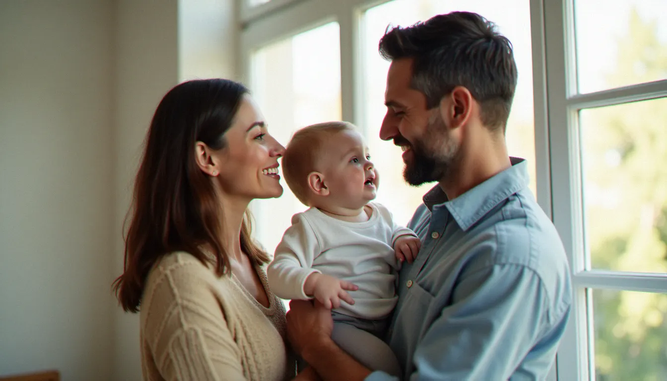 Parents et enfant en bas âge photographiés en lumière naturelle intérieure, moment de complicité familiale pour une photo de meilleurs vœux