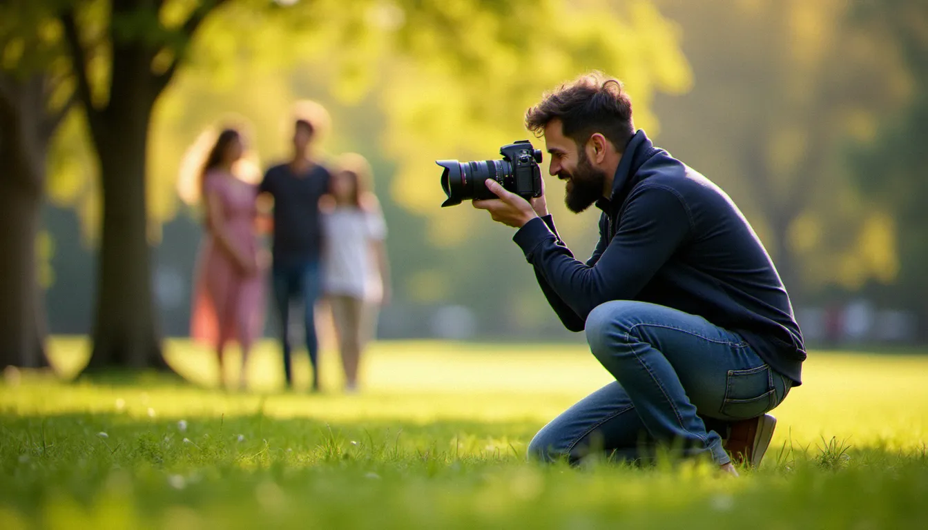 Photographe professionnel en action lors d'une séance famille en extérieur à Lyon, capturant un moment spontané pour une photo de vœux 2026