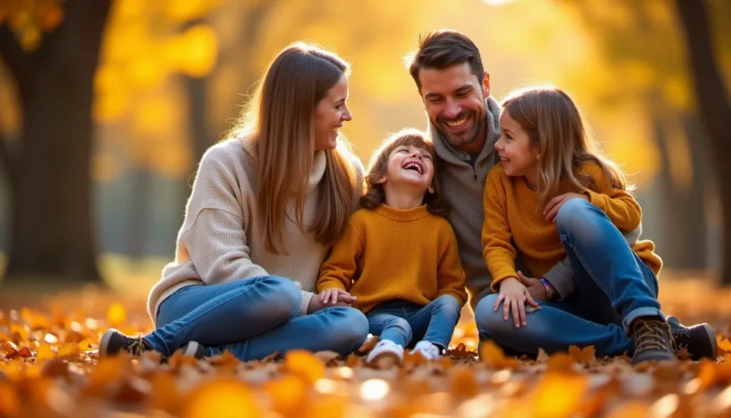 photo meilleurs voeux 2026 featured Famille souriante en séance photo de vœux 2026 en extérieur dans un parc en automne, lumière dorée naturelle