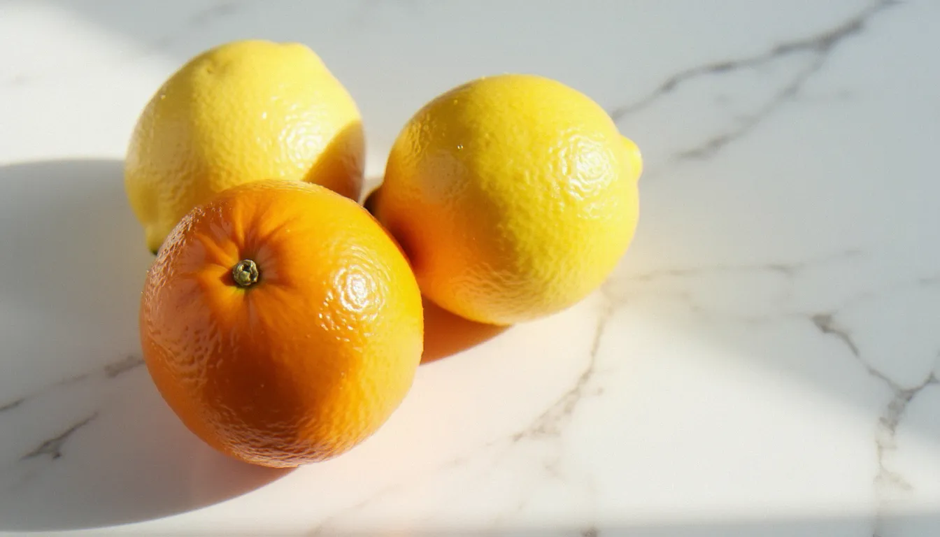 Composition minimaliste de nature morte avec fruits agrumes — orange et citrons sur marbre blanc avec éclairage latéral révélant la texture de la peau