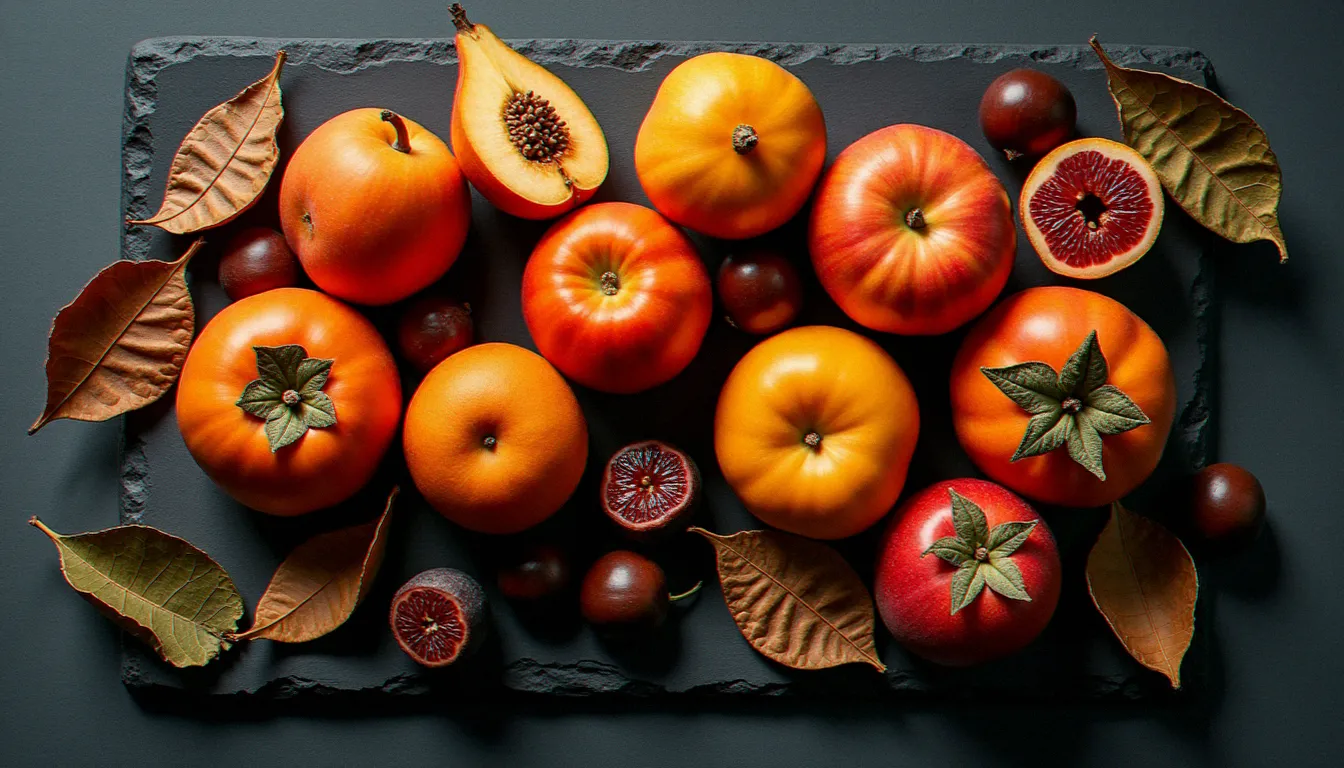Vue de dessus d'une nature morte fruits d'automne — coings, kakis et marrons sur ardoise sombre dans une lumière chaude de fin de journée