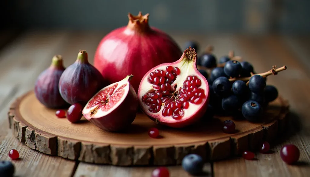 photo nature morte fruits featured Photo nature morte fruits sur planche en bois rustique : grenade ouverte, figues coupées et raisin noir éclairés par une lumière de fenêtre douce et latérale