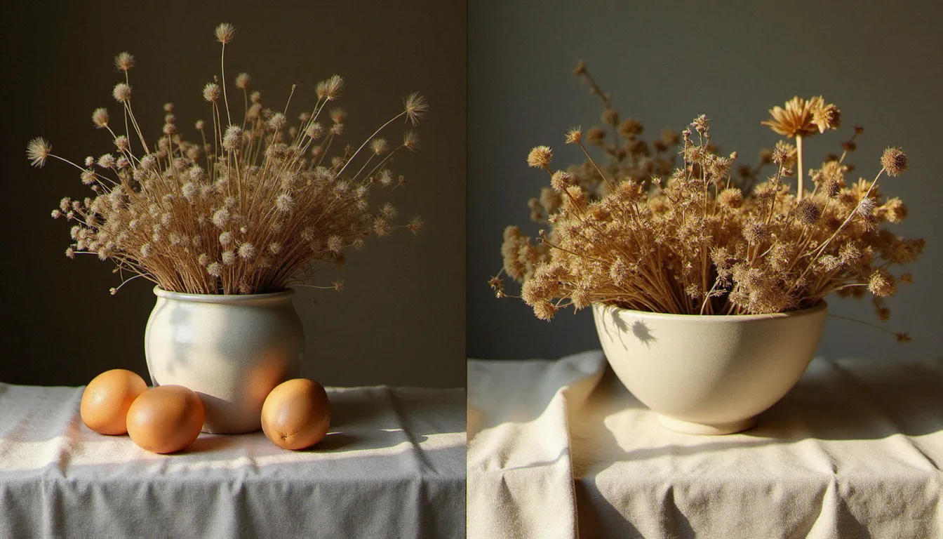 Comparaison entre nature morte classique et photo nature morte moderne minimaliste avec fleurs séchées sur tissu de lin