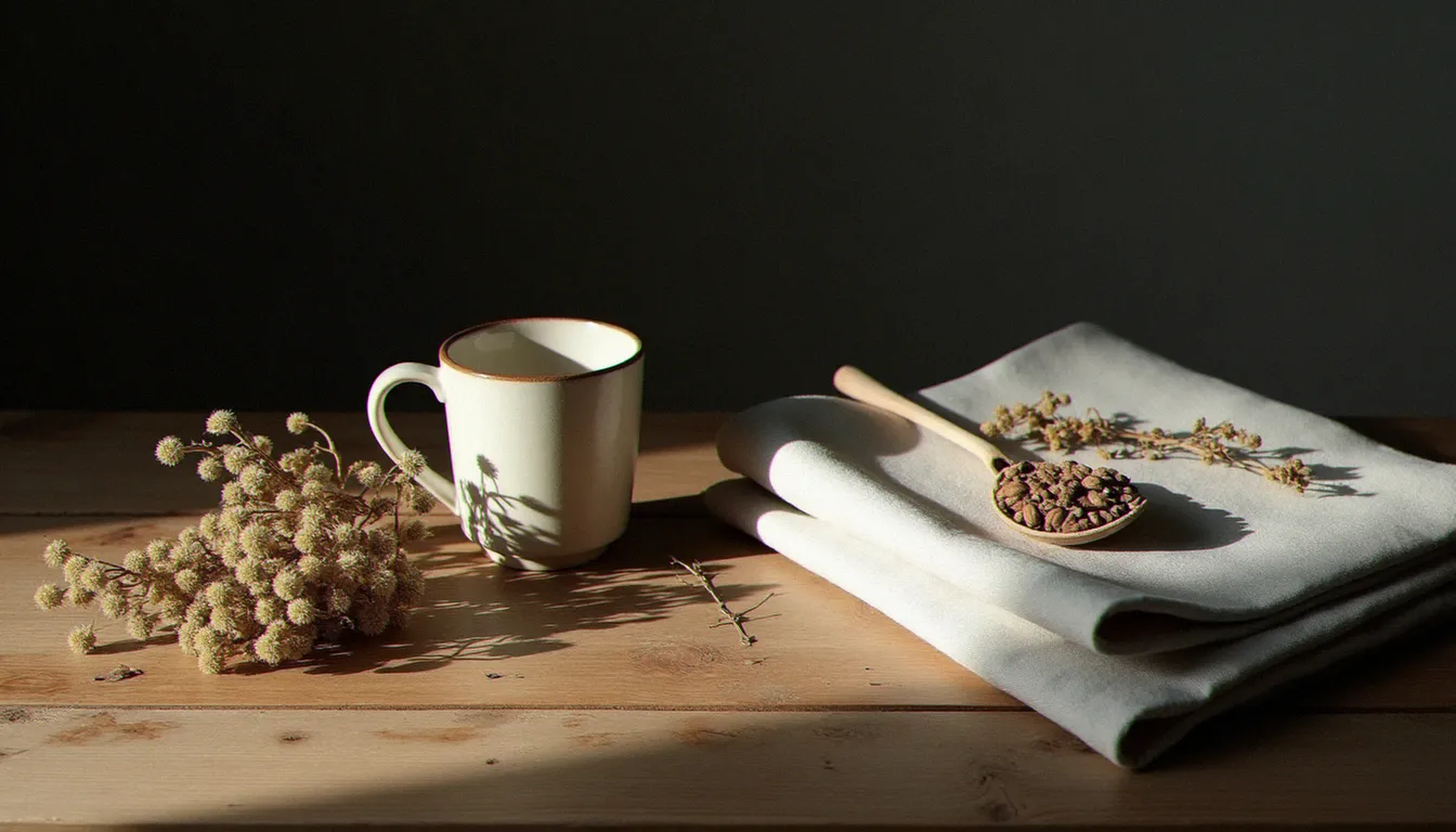 Composition de nature morte moderne avec botaniques séchés, tasse en céramique artisanale et lin sur bois brut, lumière latérale dramatique
