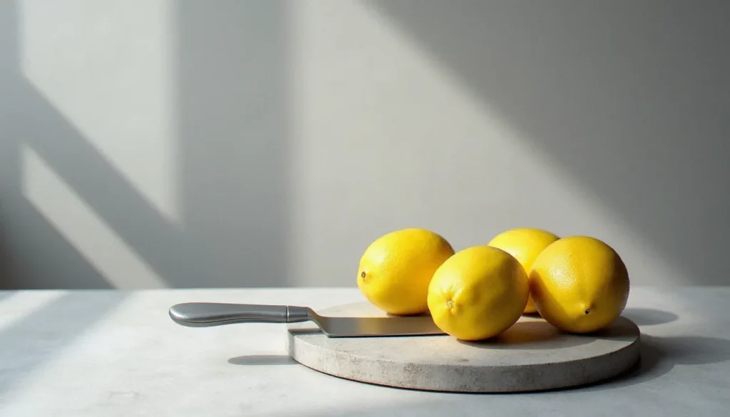 photo nature morte moderne featured Photo nature morte moderne minimaliste avec trois citrons et un couteau sur fond béton, éclairage naturel doux