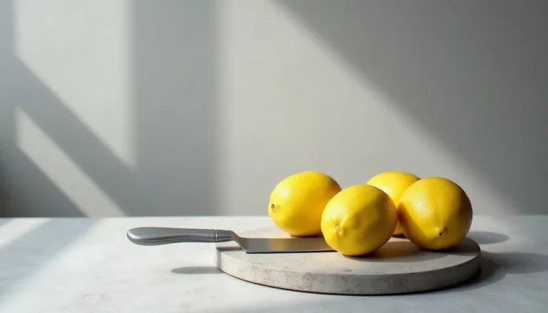 Photo nature morte moderne minimaliste avec trois citrons et un couteau sur fond béton, éclairage naturel doux