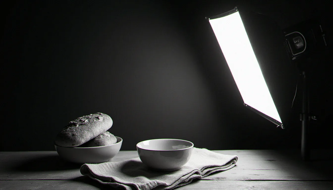 Mise en scène de photo nature morte noir et blanc avec une softbox latérale éclairant un bol en céramique et un pain artisanal sur tissu de lin, révélant les textures par la lumière directionnelle