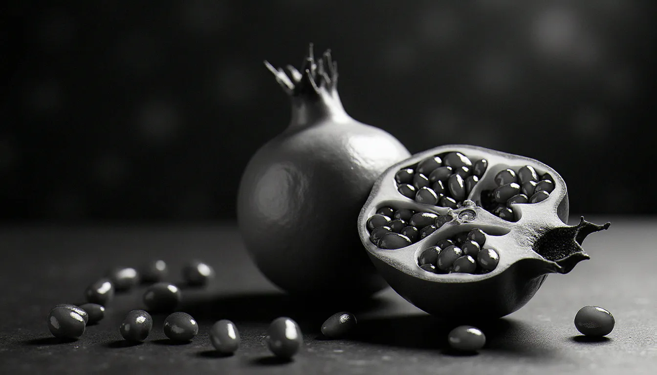 Macro en noir et blanc d'une grenade ouverte sur ardoise sombre, graines brillantes et peau texturée révélées par une lumière rasante, composition minimaliste de nature morte monochrome