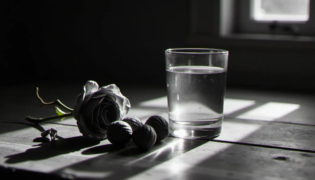 photo nature morte noir et blanc featured Photo nature morte noir et blanc d'une rose séchée, un verre d'eau et des noix sur une table en bois, éclairés par une lumière de fenêtre latérale contrastée