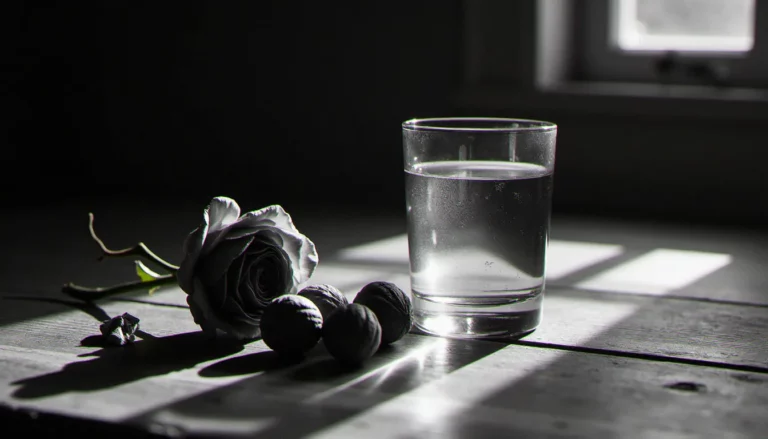 Photo nature morte noir et blanc d'une rose séchée, un verre d'eau et des noix sur une table en bois, éclairés par une lumière de fenêtre latérale contrastée