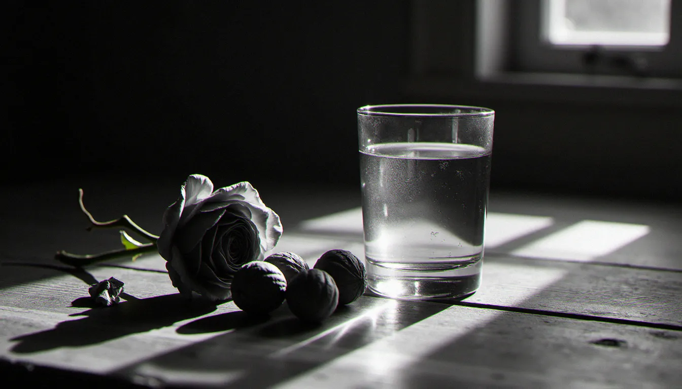 Photo nature morte noir et blanc d'une rose séchée, un verre d'eau et des noix sur une table en bois, éclairés par une lumière de fenêtre latérale contrastée
