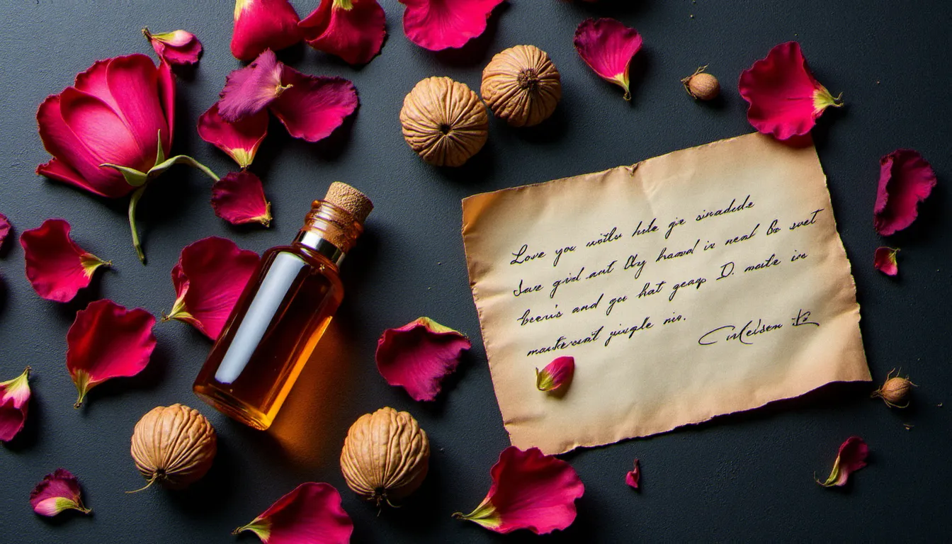 Vue du dessus d'une nature morte originale sur ardoise sombre avec pétales de roses séchées, flacon d'huile ambrée, noix entrouverts et lettre manuscrite partiellement visible.
