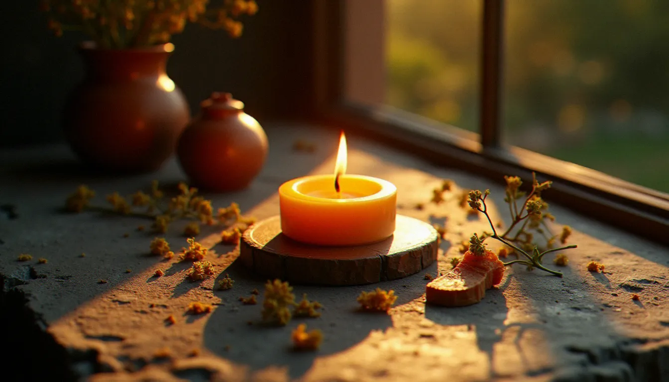 Nature morte originale en contre-plongée rasante avec bougie en cire d'abeille allumée, herbes séchées éparpillées et pot en argile sur surface en pierre brute, éclairage doré de fin d'après-midi.