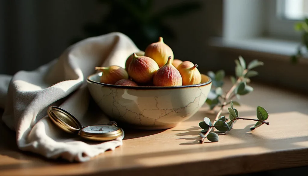 photo nature morte originale featured Photo nature morte originale sur table en chêne brut avec bol en céramique fissurée, figues séchées, montre de gousset ancienne et tiges d'eucalyptus, éclairée à la lumière naturelle de fenêtre.