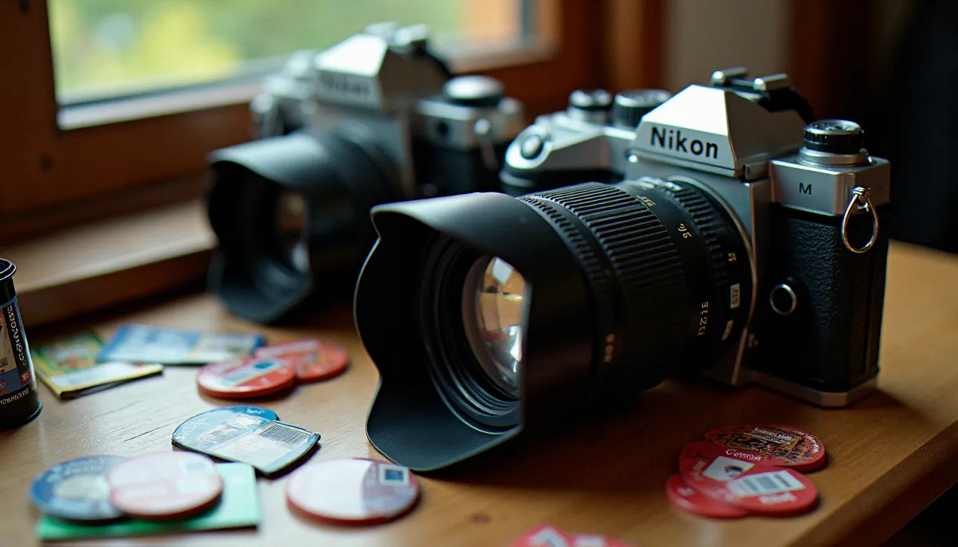 Équipement photographique professionnel argentique des années 1990, téléobjectif 400mm et boîtier reflex utilisés par les photographes de presse lors des Coupes du monde