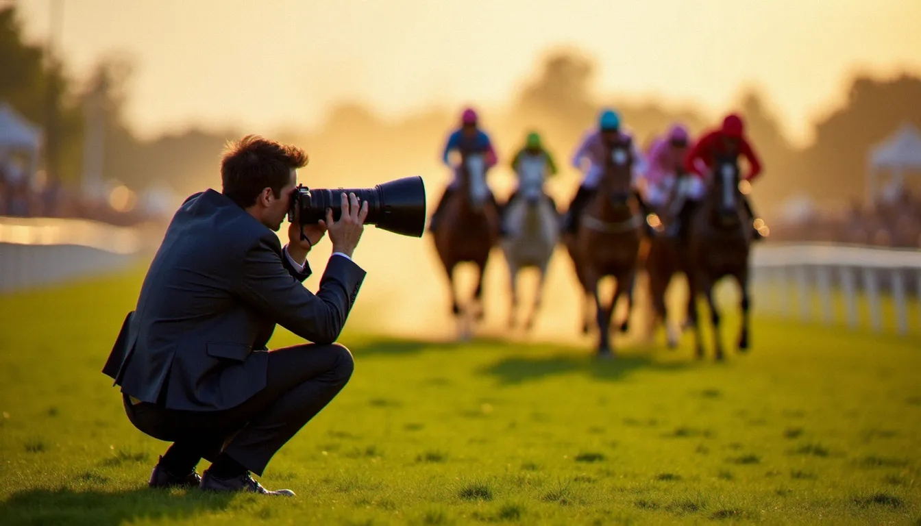 Photographe professionnel avec téléobjectif en bord de piste capturant des chevaux au galop lors d'une grande course hippique en France